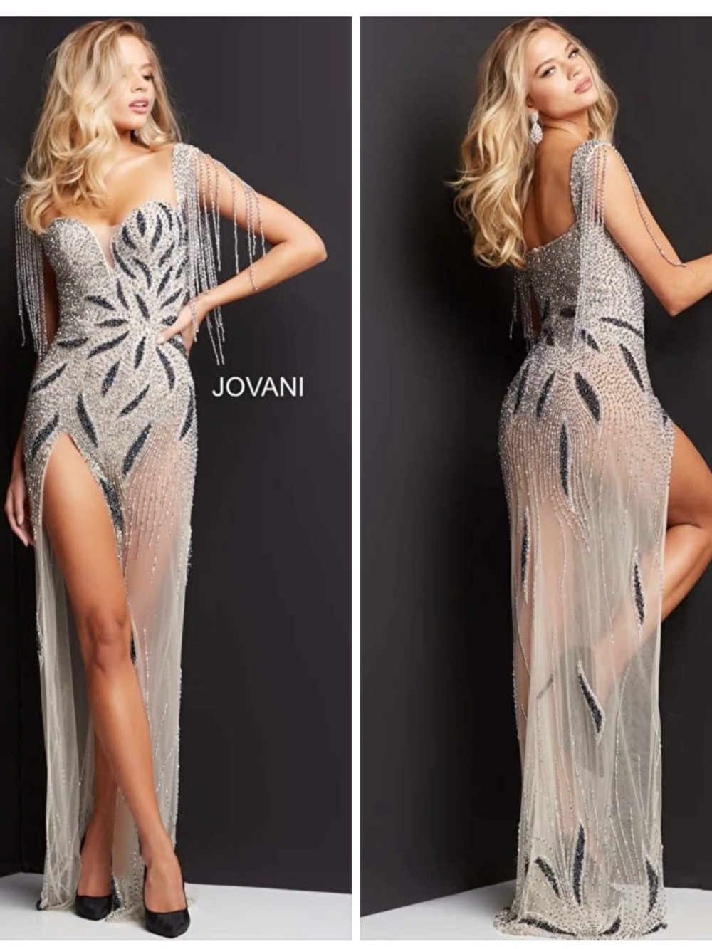 Jovani Silver and Black Beaded Fringe Sheer Evening Gown